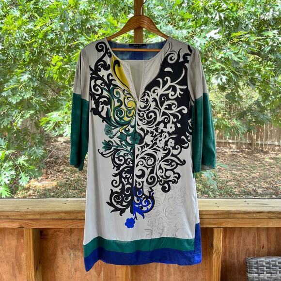 Rachel Roy Grey, Green And Blue Colorblock Batik Dress 100% Silk Size 10 - Picture 1 of 8